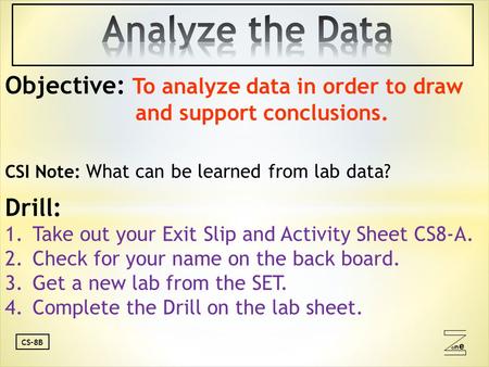 oneone CS-8B Objective: To analyze data in order to draw and support conclusions. CSI Note: What can be learned from lab data? Drill: 1.Take out your.