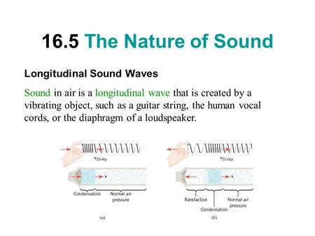 16.5 The Nature of Sound Longitudinal Sound Waves Sound in air is a longitudinal wave that is created by a vibrating object, such as a guitar string, the.