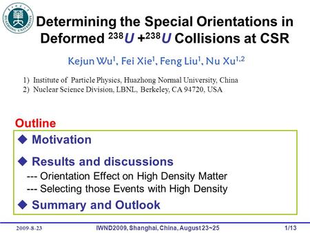 2009-8-23IWND2009, Shanghai, China, August 23~251/13 Determining the Special Orientations in Deformed 238 U + 238 U Collisions at CSR Kejun Wu 1, Fei Xie.