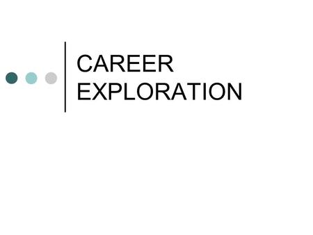 CAREER EXPLORATION. Purpose of Career Exploration Allows for introspection and assessment Prevents unrealistic expectations Gives you perspective and.