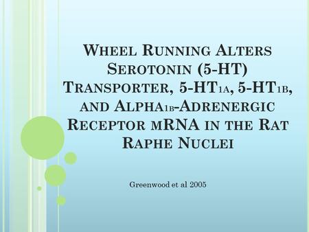 W HEEL R UNNING A LTERS S EROTONIN (5-HT) T RANSPORTER, 5-HT 1A, 5-HT 1B, AND A LPHA 1 B -A DRENERGIC R ECEPTOR M RNA IN THE R AT R APHE N UCLEI Greenwood.