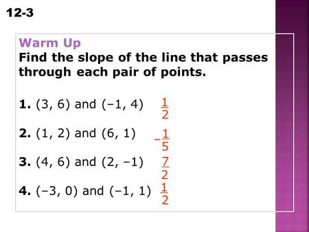 Warm Up Find the slope of the line that passes through each pair of points. 1. (3, 6) and (–1, 4) 2. (1, 2) and (6, 1) 3. (4, 6) and (2, –1) 4. (–3, 0)