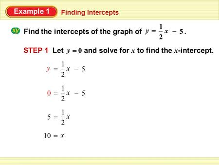 Example 1 Find the intercepts of the graph of. Finding Intercepts 2 1 y = x – 5 2 1 0 = x – 5 2 1 5 = x 10 = x STEP 1 Let 0 and solve for x to find the.