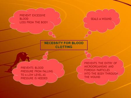 NECESSITY FOR BLOOD CLOTTING SEALS A WOUND PREVENT EXCESSIVE BLOOD LOSS FROM THE BODY PREVENTS THE ENTRY OF MICROORGANISMS AND FOREIGN PARTICLES INTO THE.