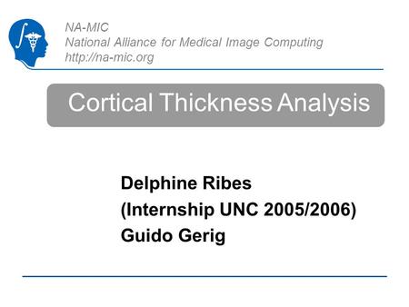 NA-MIC National Alliance for Medical Image Computing  Cortical Thickness Analysis Delphine Ribes (Internship UNC 2005/2006) Guido Gerig.