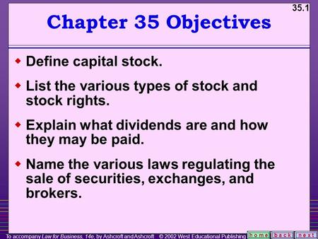 35.1 b a c kn e x t h o m e Chapter 35 Objectives  Define capital stock.  List the various types of stock and stock rights.  Explain what dividends.