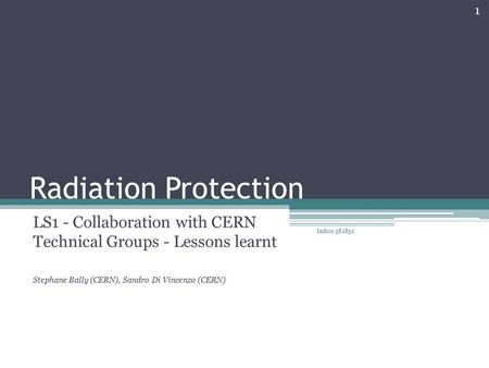 Radiation Protection LS1 - Collaboration with CERN Technical Groups - Lessons learnt Stephane Bally (CERN), Sandro Di Vincenzo (CERN) Indico 382832 1.
