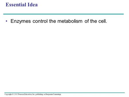 Copyright © 2005 Pearson Education, Inc. publishing as Benjamin Cummings Essential Idea Enzymes control the metabolism of the cell.