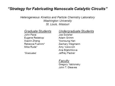 “Strategy for Fabricating Nanoscale Catalytic Circuits” Heterogeneous Kinetics and Particle Chemistry Laboratory Washington University St. Louis, Missouri.
