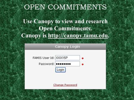 OPEN COMMITMENTS Use Canopy to view and research Open Commitments. Canopy is