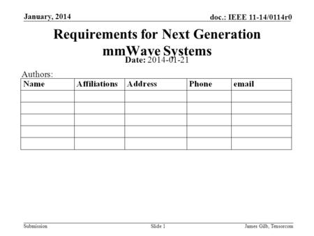 Submission doc.: IEEE 11-14/0114r0 January, 2014 James Gilb, TensorcomSlide 1 Requirements for Next Generation mmWave Systems Date: 2014-01-21 Authors: