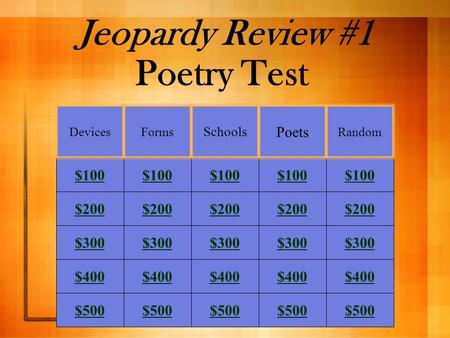 Jeopardy Review #1 Poetry Test $100 $200 $300 $400 $500 DevicesForms Schools Poets Random.
