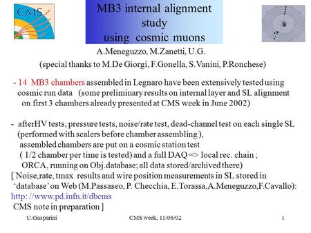 U.GaspariniCMS week, 11/06/021 MB3 internal alignment study using cosmic muons - 14 MB3 chambers assembled in Legnaro have been extensively tested using.