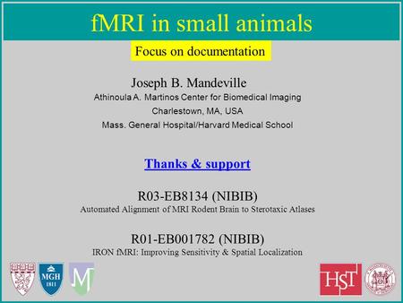 FMRI in small animals Focus on documentation Joseph B. Mandeville Athinoula A. Martinos Center for Biomedical Imaging Charlestown, MA, USA Mass. General.
