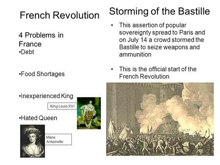 French Revolution 4 Problems in France Debt Food Shortages Inexperienced King Hated Queen King Louis XVI Marie Antoinette Storming of the Bastille This.