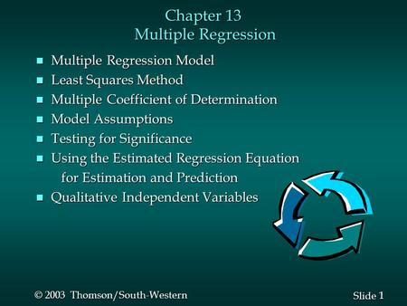 1 1 Slide © 2003 Thomson/South-Western Chapter 13 Multiple Regression n Multiple Regression Model n Least Squares Method n Multiple Coefficient of Determination.