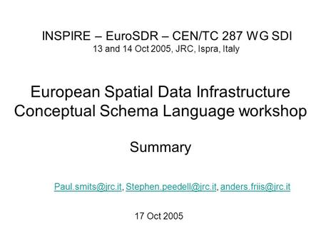 European Spatial Data Infrastructure Conceptual Schema Language workshop Summary INSPIRE – EuroSDR – CEN/TC 287 WG SDI 13 and 14 Oct 2005, JRC, Ispra,