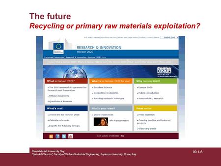00 1-6 Raw Materials University Day “Sala del Chiostro”, Faculty of Civil and Industrial Engineering, Sapienza University, Rome, Italy The future Recycling.