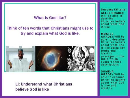 Success Criteria: ALL (E GRADE): Will be able to describe Christian beliefs about what God is like MOST (C GRADE): Will be able to describe Christian beliefs.
