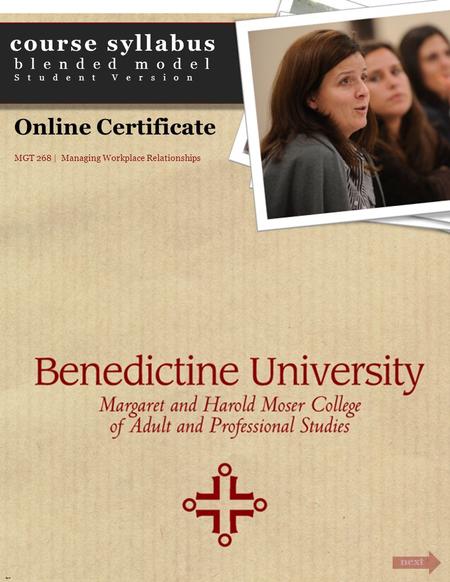 Course syllabus blended model Student Version next Cover Online Certificate MGT 268 | Managing Workplace Relationships.