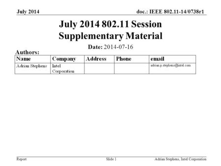 Doc.: IEEE 802.11-14/0738r1 Report July 2014 Adrian Stephens, Intel CorporationSlide 1 July 2014 802.11 Session Supplementary Material Date: 2014-07-16.