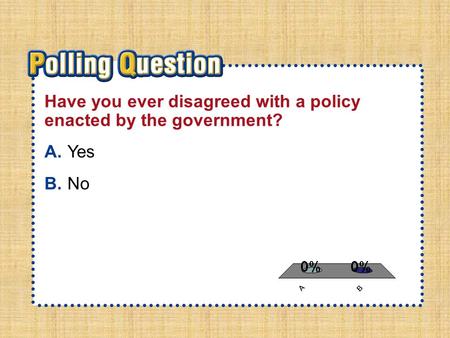 A.A B.B Section 3-Polling QuestionSection 3-Polling Question Have you ever disagreed with a policy enacted by the government? A.Yes B.No.