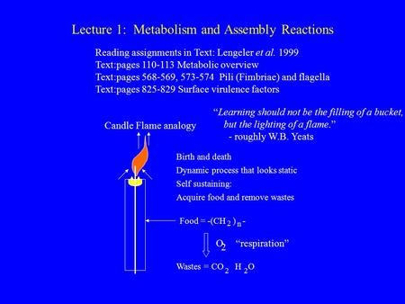 Lecture 1: Metabolism and Assembly Reactions Reading assignments in Text: Lengeler et al. 1999 Text:pages 110-113 Metabolic overview Text:pages 568-569,