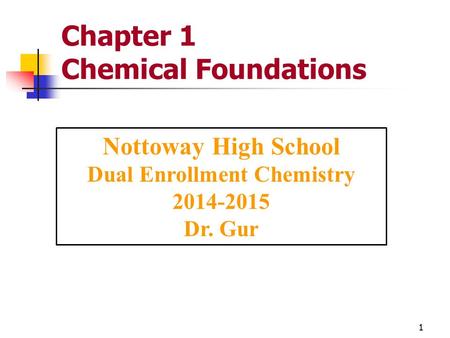 Chapter 1 Chemical Foundations Nottoway High School Dual Enrollment Chemistry 2014-2015 Dr. Gur 1.