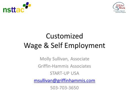 Customized Wage & Self Employment Molly Sullivan, Associate Griffin-Hammis Associates START-UP USA 503-703-3650.
