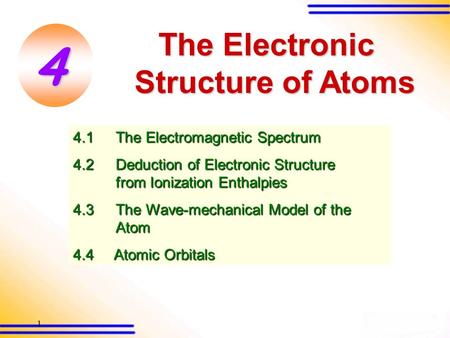 1 The Electronic Structure of Atoms 4.1The Electromagnetic Spectrum 4.2Deduction of Electronic Structure from Ionization Enthalpies 4.3The Wave-mechanical.