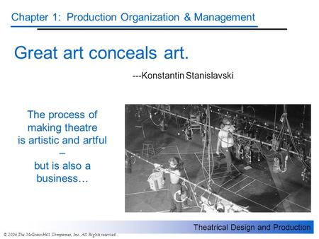 Theatrical Design and Production Chapter 1: Production Organization & Management © 2006 The McGraw-Hill Companies, Inc. All Rights reserved. Great art.