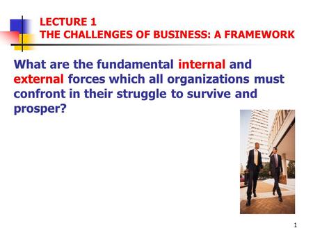 1 LECTURE 1 THE CHALLENGES OF BUSINESS: A FRAMEWORK What are the fundamental internal and external forces which all organizations must confront in their.