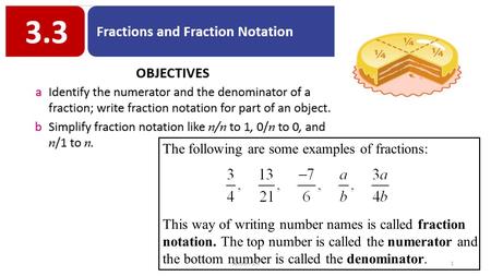 The following are some examples of fractions: This way of writing number names is called fraction notation. The top number is called the numerator and.