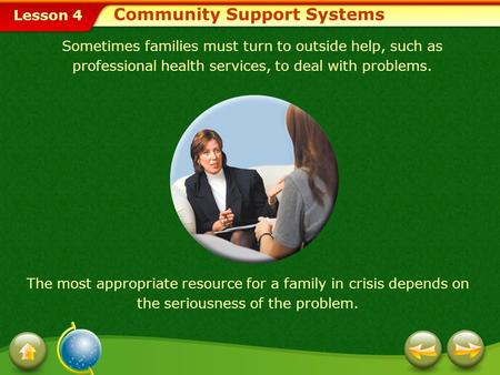 Lesson 4 Community Support Systems The most appropriate resource for a family in crisis depends on the seriousness of the problem. Sometimes families.