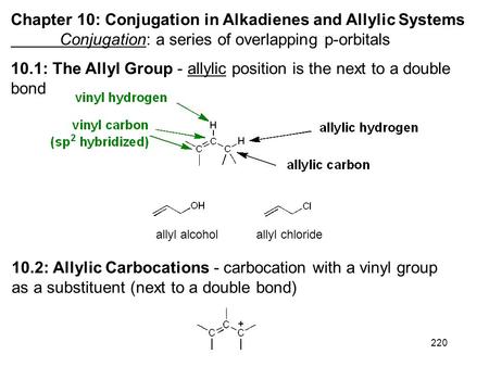 220 Chapter 10: Conjugation in Alkadienes and Allylic Systems Conjugation: a series of overlapping p-orbitals 10.1: The Allyl Group - allylic position.