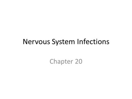 Nervous System Infections Chapter 20. Nervous system Central nervous system (CNS) – Brain Encephalitis – Spinal cord Peripheral nervous system (PNS) –