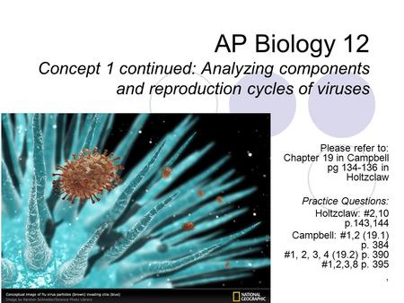 AP Biology 12 Concept 1 continued: Analyzing components and reproduction cycles of viruses Please refer to: Chapter 19 in Campbell pg 134-136 in Holtzclaw.