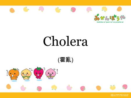 Cholera ( 霍亂 ). Route of trasmission eating food or drinking water contaminated with Vibrio cholerae from other cholera patients. The major reservoir.