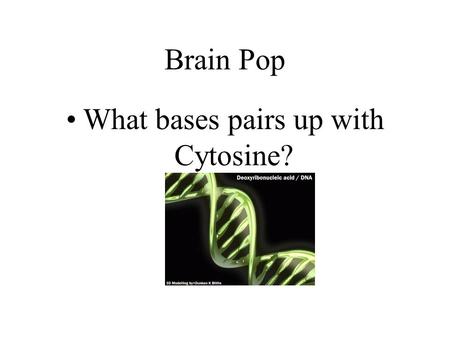 Brain Pop What bases pairs up with Cytosine?. 1 DNA stands for deoxyribose nucleic acid This chemical substance is present in the nucleus of all cells.
