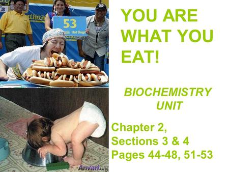YOU ARE WHAT YOU EAT! BIOCHEMISTRY UNIT Chapter 2, Sections 3 & 4 Pages 44-48, 51-53 Mr. Del Rossi 2010.