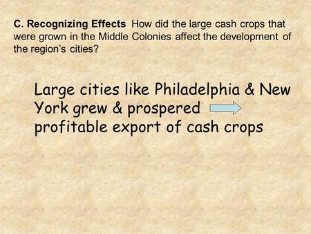 C. Recognizing Effects How did the large cash crops that were grown in the Middle Colonies affect the development of the region’s cities? Large cities.