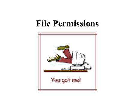 File Permissions. What are the three categories of users that apply to file permissions? Owner (or user) Group All others (public, world, others)