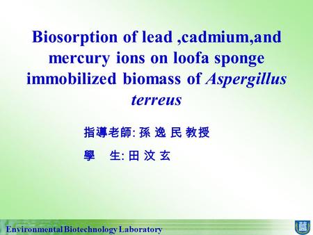 Environmental Biotechnology Laboratory Biosorption of lead,cadmium,and mercury ions on loofa sponge immobilized biomass of Aspergillus terreus 指導老師 : 孫.