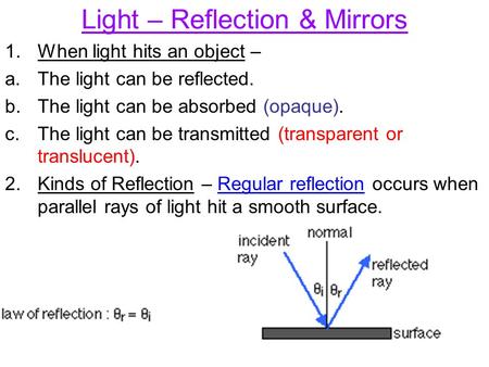 Light – Reflection & Mirrors 1.When light hits an object – a.The light can be reflected. b.The light can be absorbed (opaque). c.The light can be transmitted.