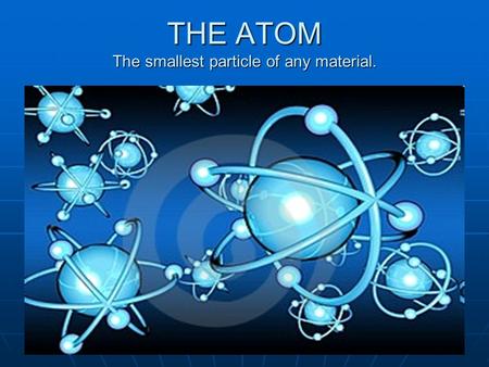 THE ATOM The smallest particle of any material.. “Protons, Electrons & Neutrons Oh My” The atom is made up of three subatomic particles The atom is made.