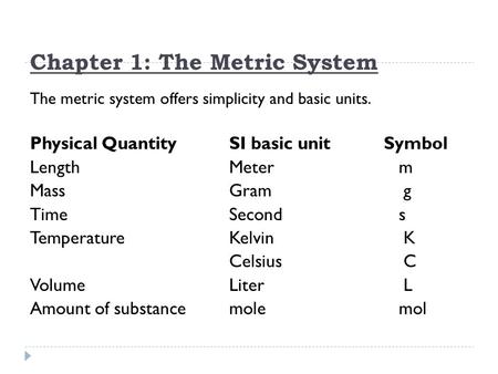 Chapter 1: The Metric System The metric system offers simplicity and basic units. Physical QuantitySI basic unit Symbol LengthMeter m MassGram g TimeSecond.