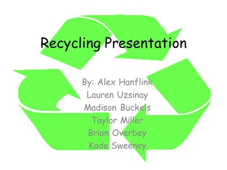 Recycling Presentation By: Alex Hanflink Lauren Uzsinay Madison Buckels Taylor Miller Brian Overbey Kade Sweeney.