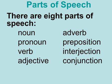 Parts of Speech There are eight parts of speech: noun adverb