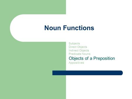 Noun Functions Subjects Direct Objects Indirect Objects Predicate Nouns Objects of a Preposition Appositives.