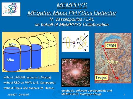 NNN07 - 04/10/07 1 MEMPHYS MEgaton Mass PHYSics Detector N. Vassilopoulos / LAL on behalf of MEMPHYS Collaboration without LAGUNA aspects (L.Mosca) without.